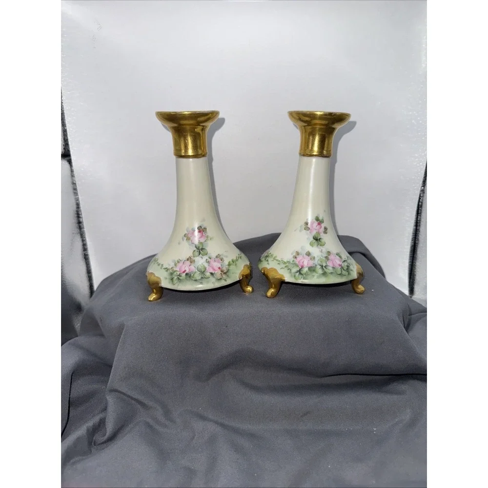 Limoges France Hand Painted Porcelain Candlesticks Gold Gilt Floral VTG Signed